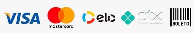 Formas de pagamento: Visa, Mastercard, Elo, PIX, Boleto